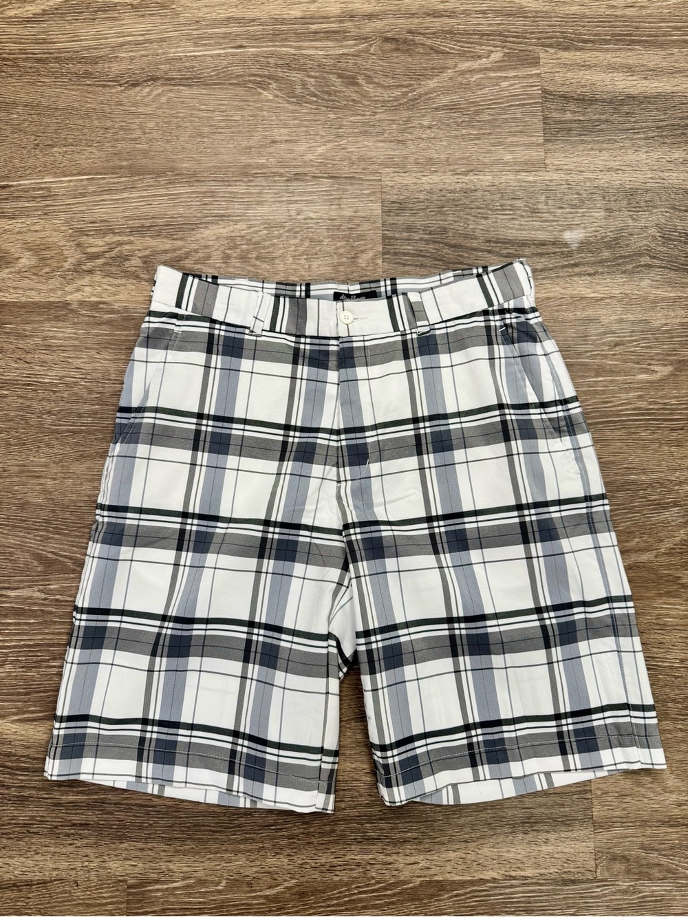 Alan Flusser Golf Plaid Performance Shorts Men's 34 Gray White Flat Front
